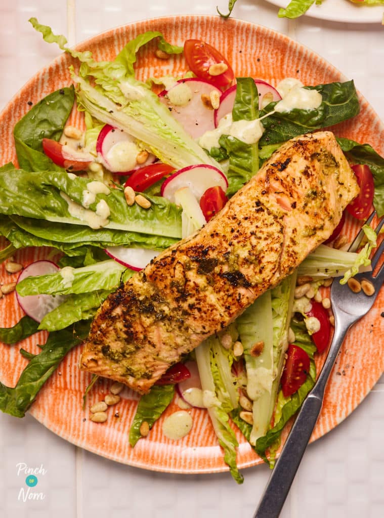 A close-up of an eye-catching plate of Pinch of Nom's colourful Salmon Pesto Salad. A medley of crunchy veg is topped with a single pesto-marinated salmon fillet.