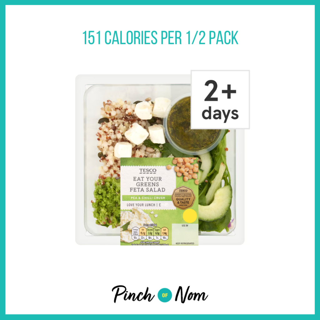 Tesco Eat Your Greens Feta Salad featured in Pinch of Nom's Weekly Pinch of Shopping with the calorie count printed above (151 calories per 1/2 pack).