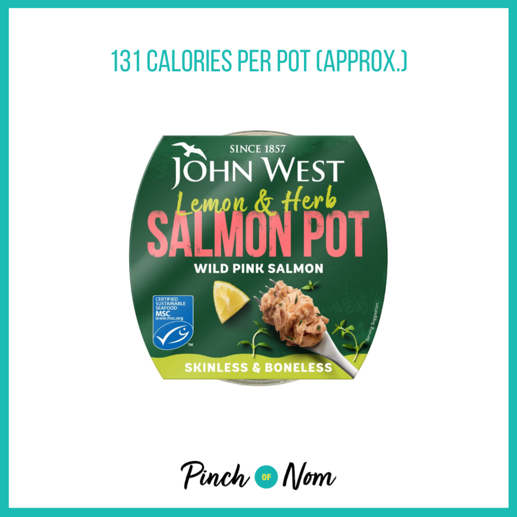 John West Salmon Fridgepot Lemon & Herb featured in Pinch of Nom's Weekly Pinch of Shopping with the calorie count printed above (131 calories per pot approx.)