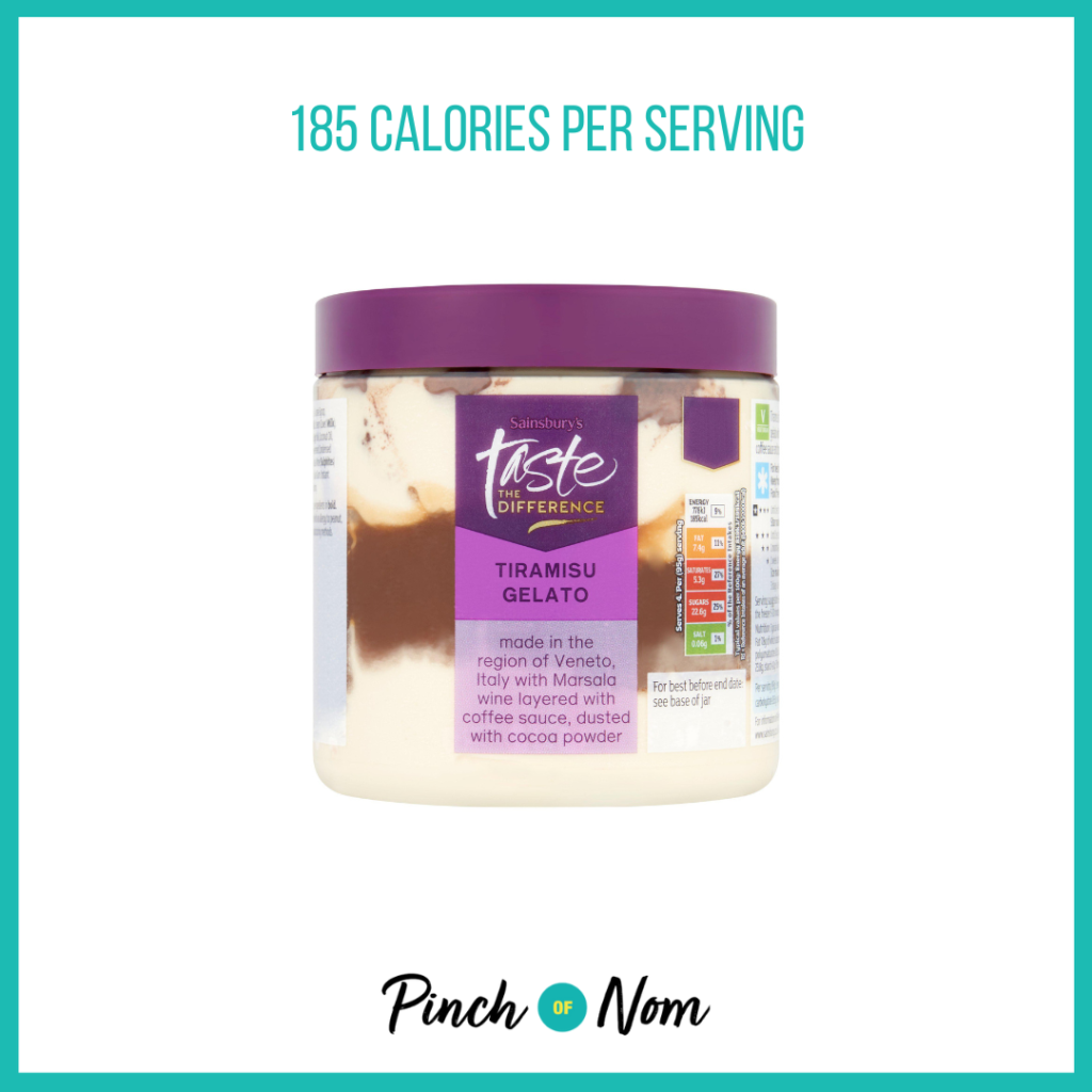 Sainsbury's Taste the Difference Tiramisu Gelato Tub featured in Pinch of Nom's Weekly Pinch of Shopping with the calorie count printed above (185 calories per serving).