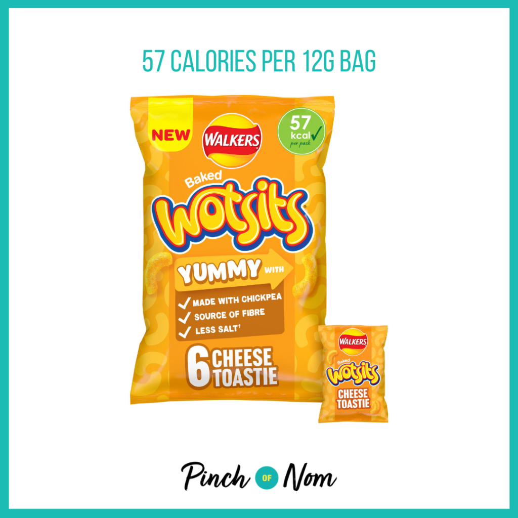 Walkers Wotsits Cheese Toastie Multipack Chickpea Crisps featured in Pinch of Nom's Weekly Pinch of Shopping with the calorie count printed above (57 calories per 12g bag).