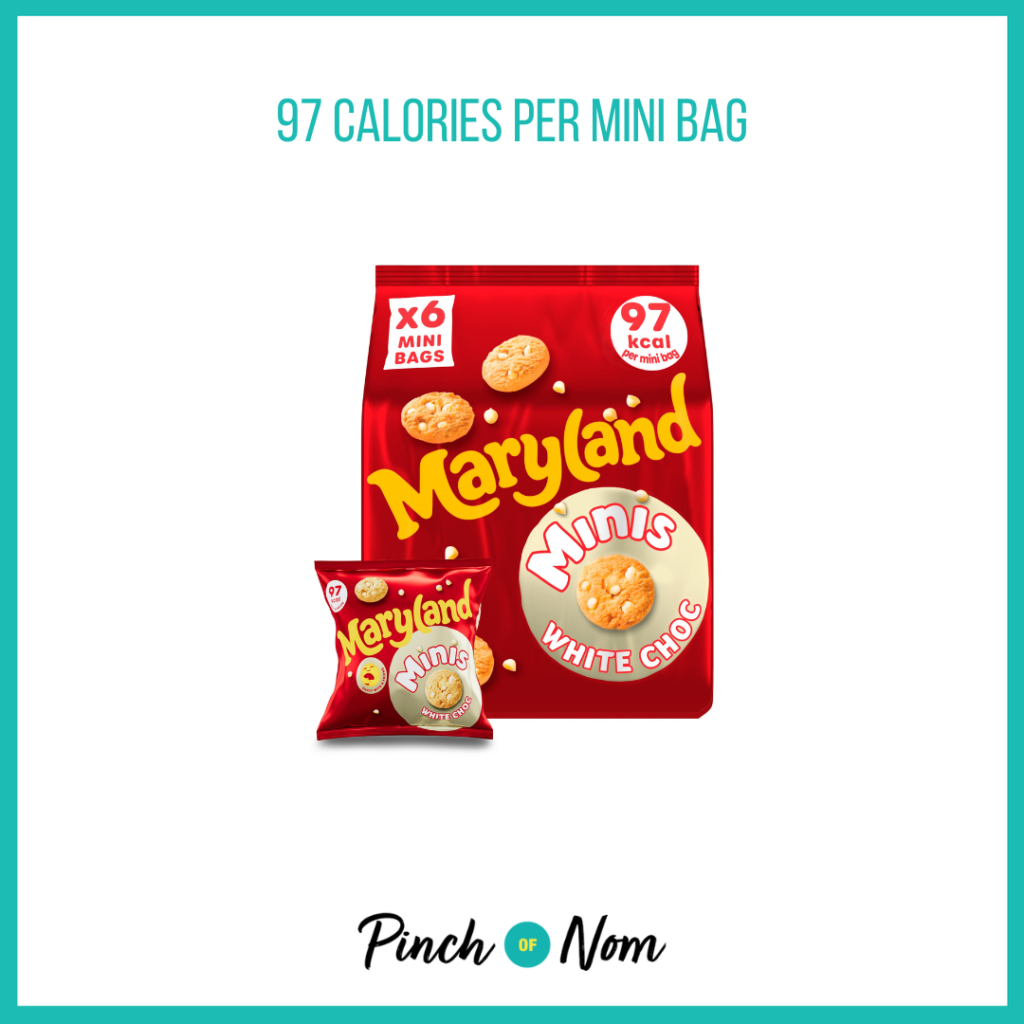 Maryland Minis White Choc featured in Pinch of Nom's Weekly Pinch of Shopping with the calorie count printed above (97 calories per mini bag).