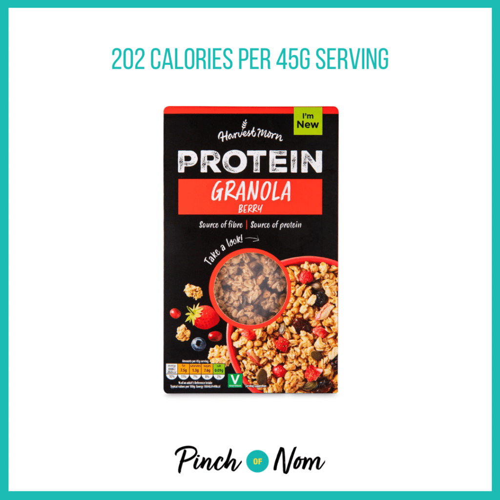 Harvest Morn Protein Berry Granola featured in Pinch of Nom's Weekly Pinch of Shopping with the calorie count printed above (202 calories per 45g serving).