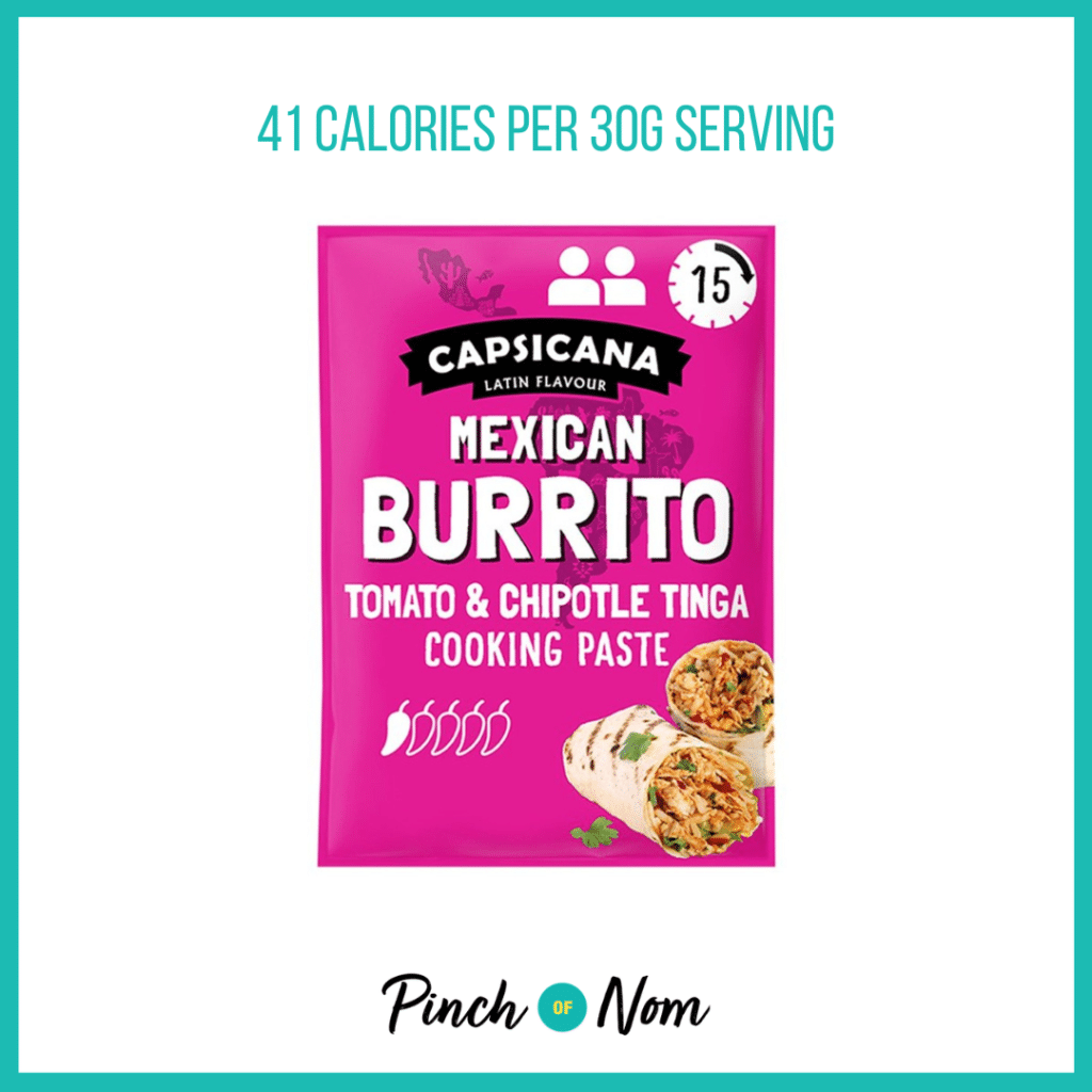 Capsicana Mexican Burrito Tomato & Chipotle Paste featured in Pinch of Nom's Weekly Pinch of Shopping with the calorie count printed above (41 calories per 30g serving).