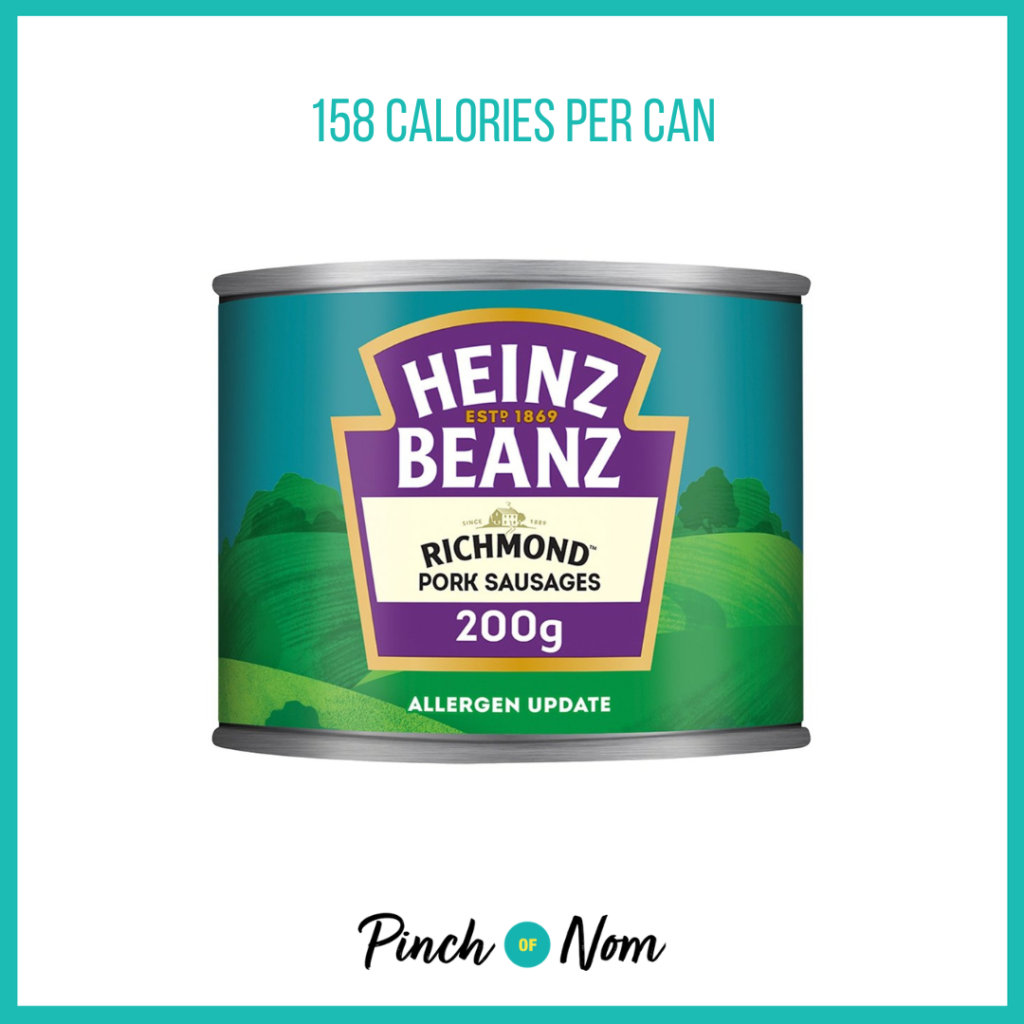 Heinz Beanz & Richmond Sausages featured in Pinch of Nom's Weekly Pinch of Shopping with the calorie count printed above (158 calories per can).