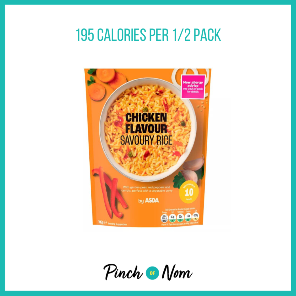 ASDA Chicken Flavour Savoury Rice featured in Pinch of Nom's Weekly Pinch of Shopping with the calorie count printed above (195 calories per 1/2 pack).