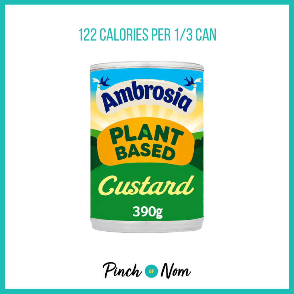 Ambrosia Plant Based Custard featured in Pinch of Nom's Weekly Pinch of Shopping with the calorie count printed above (122 calories per 1/3 can).