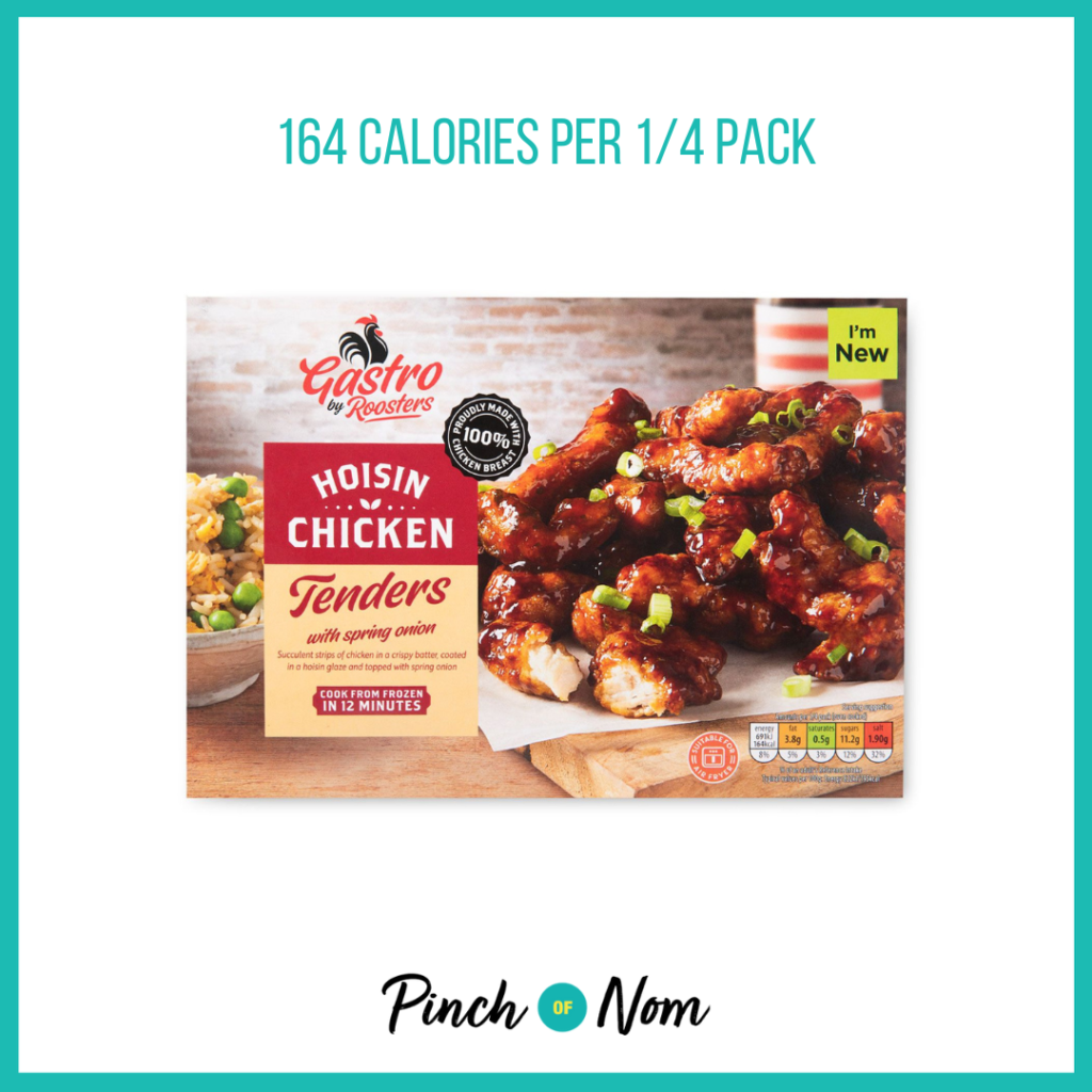 Roosters Gastro Hoisin Chicken Tenders With Spring Onion featured in Pinch of Nom's Weekly Pinch of Shopping with the calorie count printed above (164 calories per 1/4 pack).