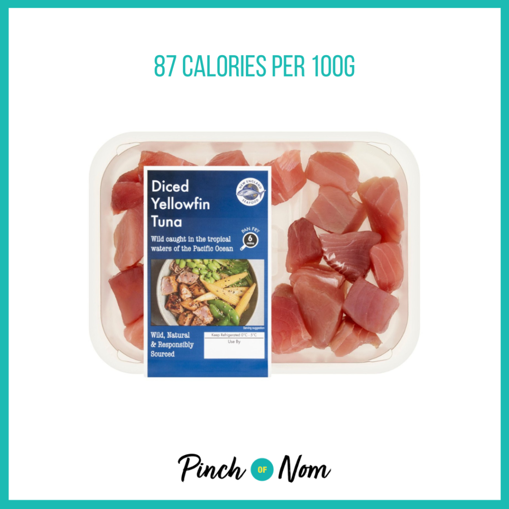 New England Seafood Diced Yellowfin Tuna featured in Pinch of Nom's Weekly Pinch of Shopping with the calorie count printed above (87 calories per 100g).