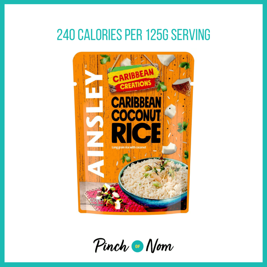 Ainsley Harriot Caribbean Coconut Rice featured in Pinch of Nom's Weekly Pinch of Shopping with the calorie count printed above (240 calories per 125g serving).