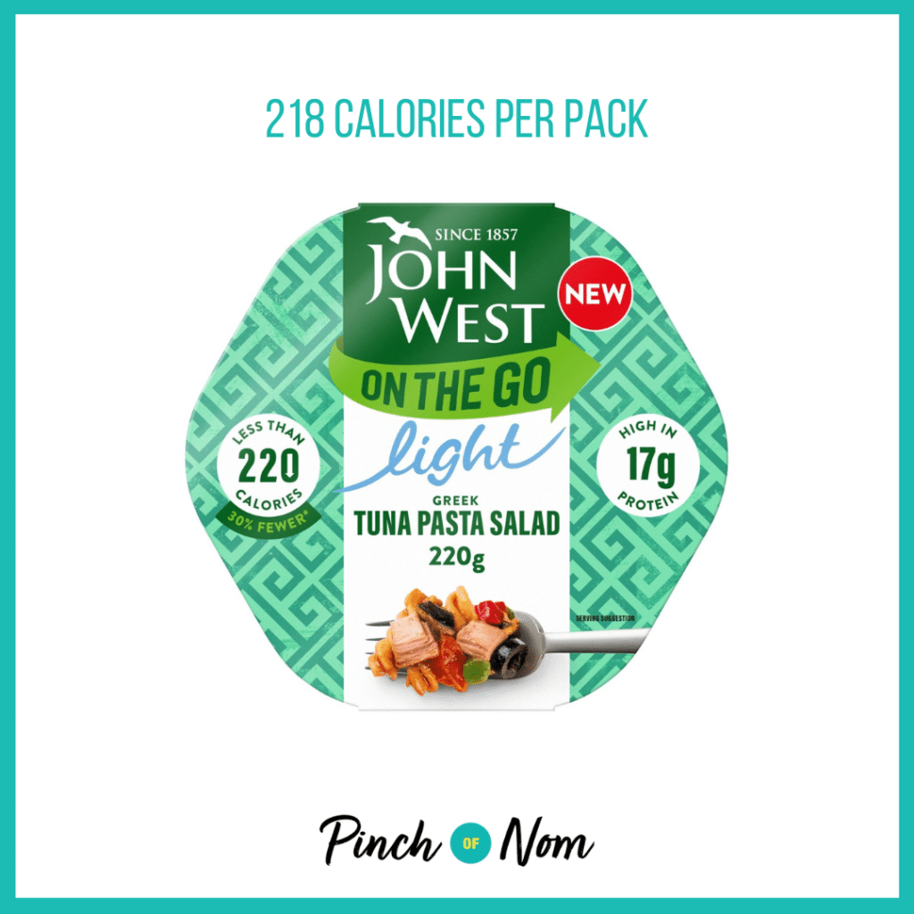 John West On The Go Salad Greek featured in Pinch of Nom's Weekly Pinch of Shopping with the calorie count printed above (218 calories per pack).