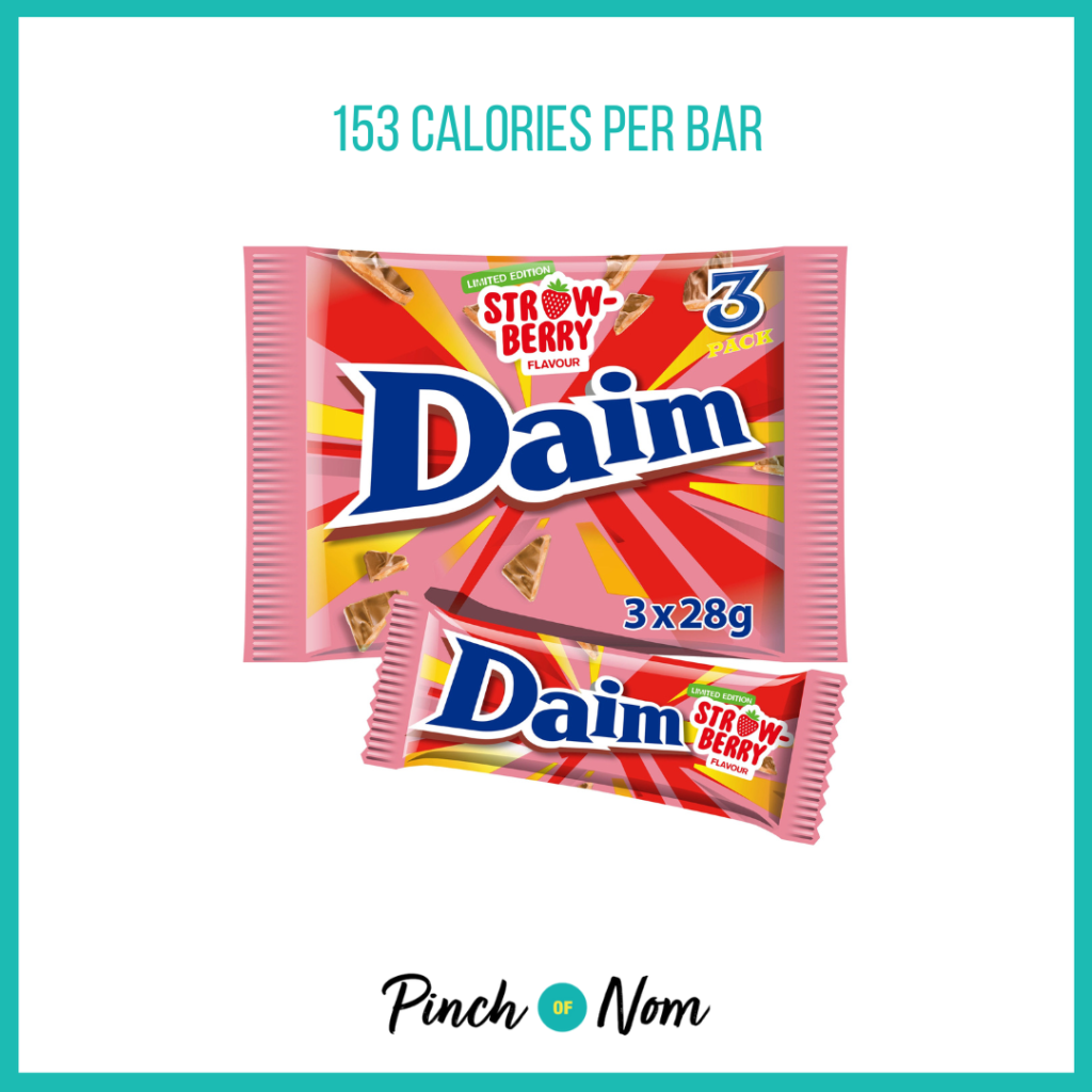 Daim Limited Edition Strawberry Flavour featured in Pinch of Nom's Weekly Pinch of Shopping with the calorie count printed above (153 calories per bar).