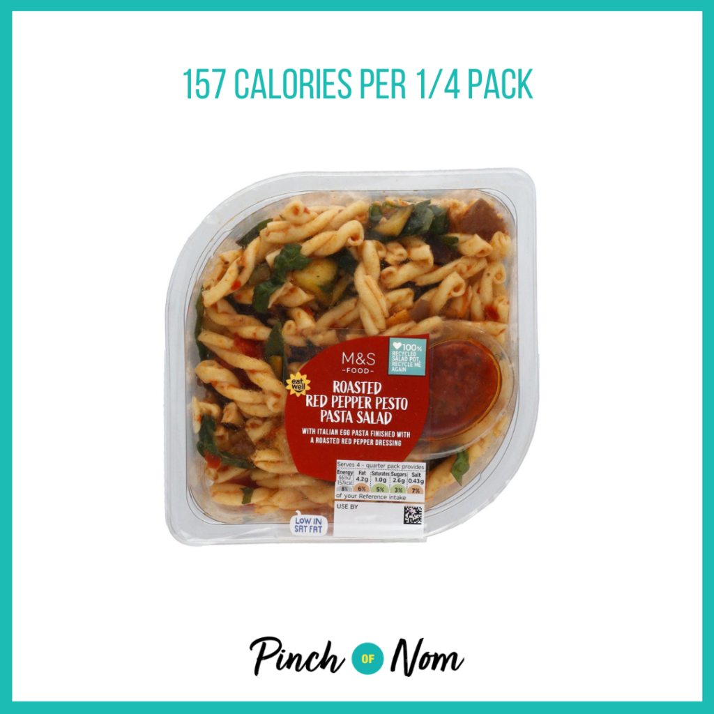 M&S Roasted Red Pepper Pesto Pasta Salad featured in Pinch of Nom's Weekly Pinch of Shopping with the calorie count printed above (157 calories per 1/4 pack).