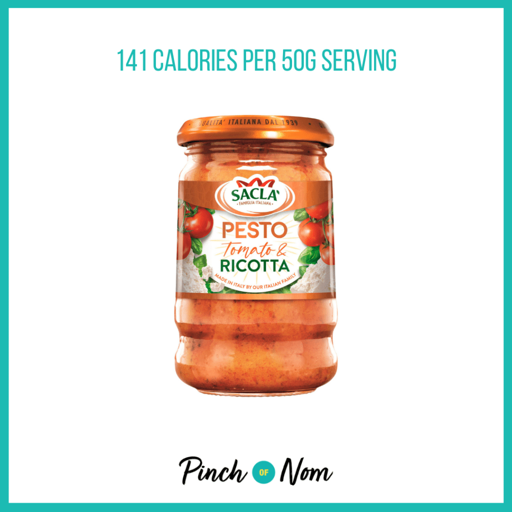 Sacla' Tomato & Ricotta Pesto featured in Pinch of Nom's Weekly Pinch of Shopping with the calorie count printed above (141 calories per 50g serving).