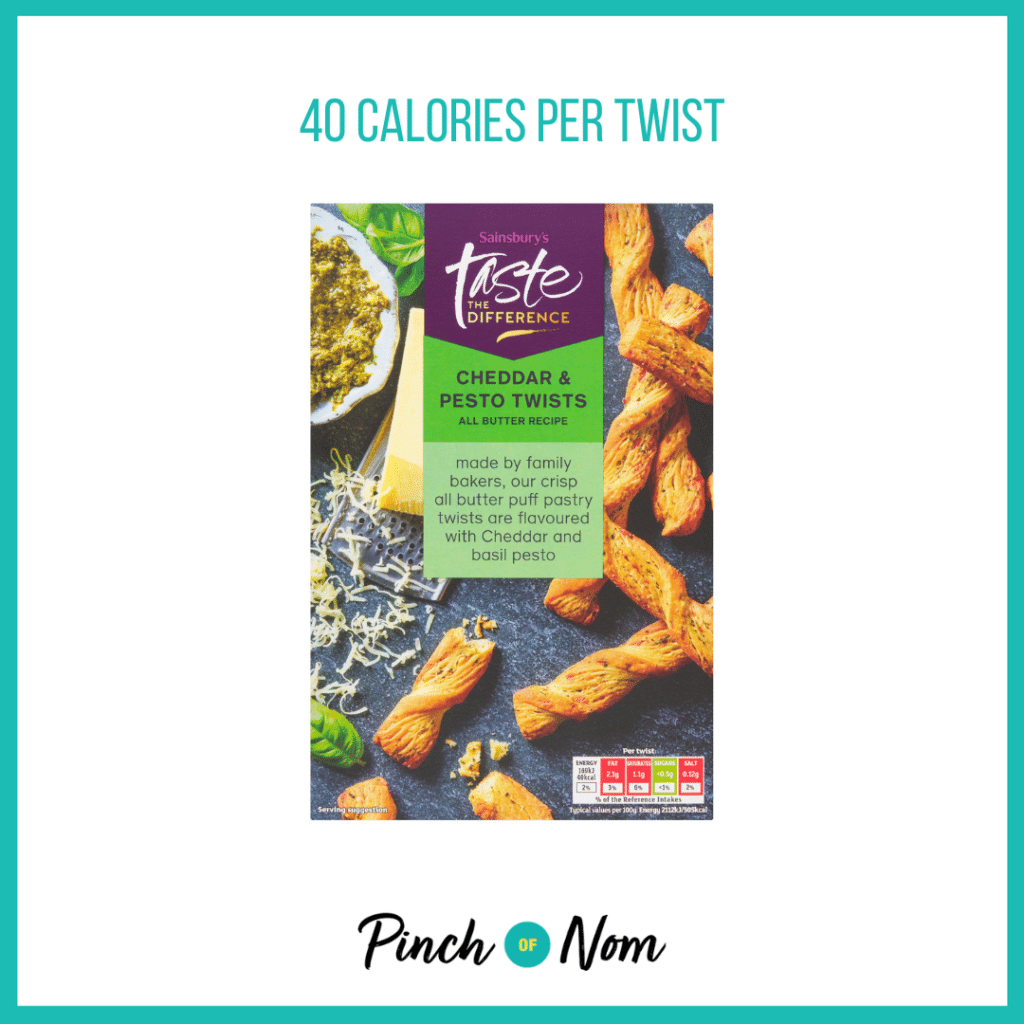 Sainsbury's Cheddar & Pesto Twists, Taste the Difference featured in Pinch of Nom's Weekly Pinch of Shopping with the calorie count printed above (40 calories per twist).