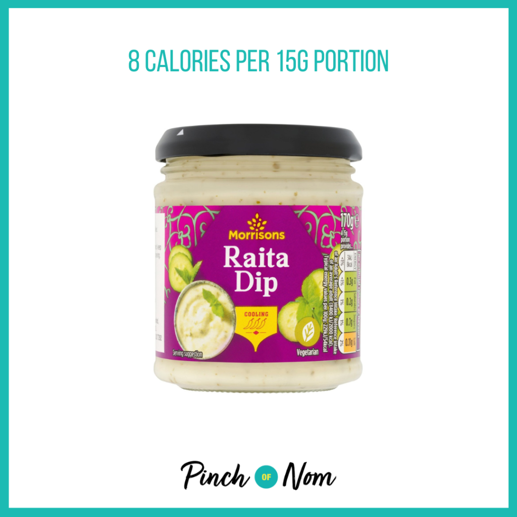 Morrisons Raita featured in Pinch of Nom's Weekly Pinch of Shopping with the calorie count printed above (8 calories per 15g portion).