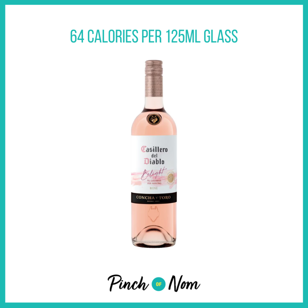 Casillero Del Diablo BeLight Rose featured in Pinch of Nom's Weekly Pinch of Shopping with the calorie count printed above (64 calories per 125ml glass).