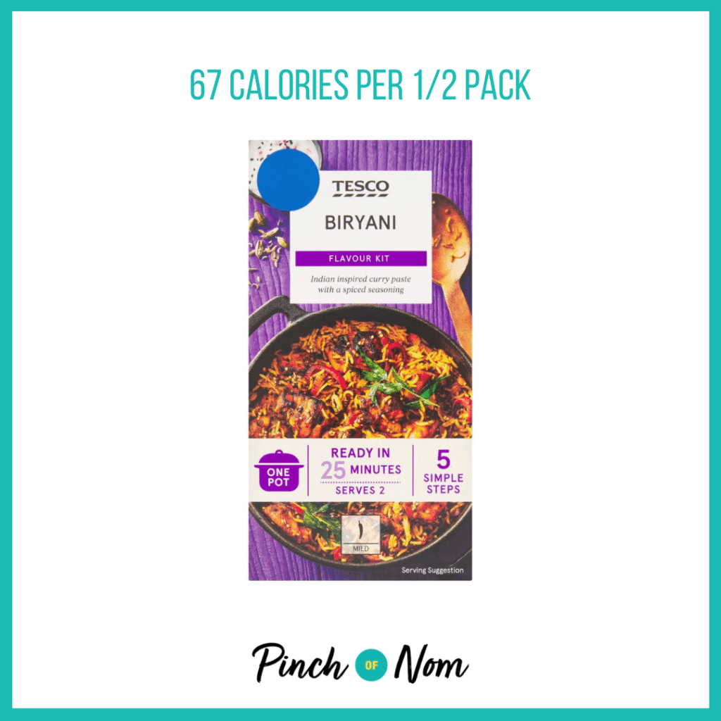 Tesco Biryani Flavour Kit featured in Pinch of Nom's Weekly Pinch of Shopping with the calorie count printed above (67 calories per 1/2 pack).