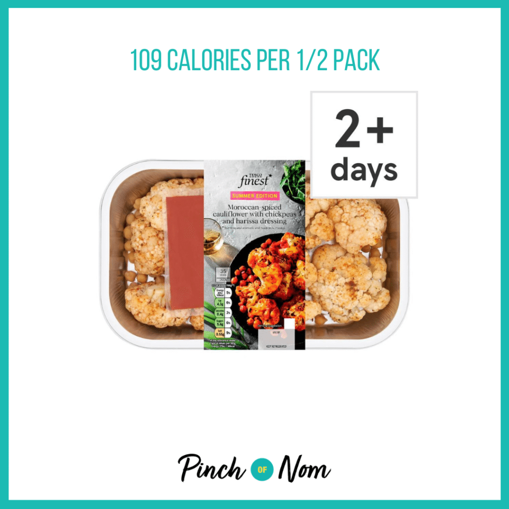 Tesco Finest Moroccan Inspired Cauliflower featured in Pinch of Nom's Weekly Pinch of Shopping with the calorie count printed above (109 calories per 1/2 pack).
