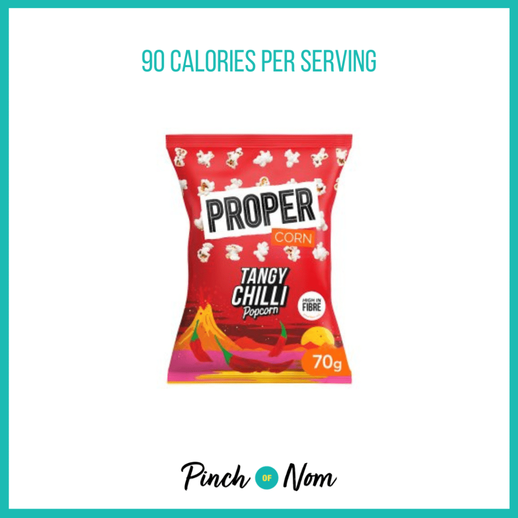 Propercorn Tangy Chilli Popcorn featured in Pinch of Nom's Weekly Pinch of Shopping with the calorie count printed above (90 calories per serving).