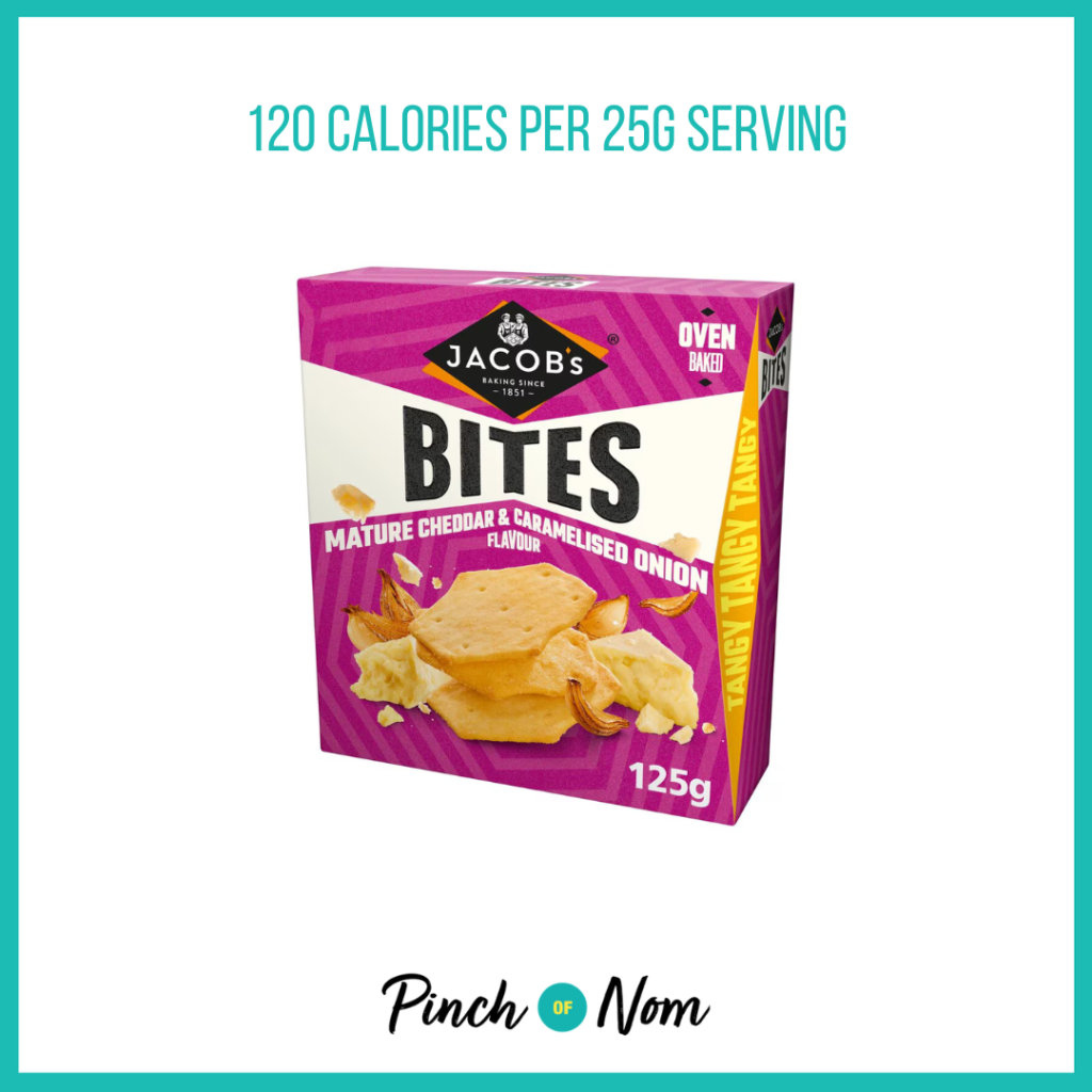 Jacobs Crisp Bites Mature Cheddar & Caramelised Onion featured in Pinch of Nom's Weekly Pinch of Shopping with the calorie count printed above (120 calories per 25g serving).