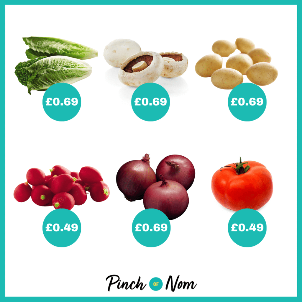 The fruit and veg selection from Aldi's Super 6, alongside their prices, featured in Pinch of Nom's Weekly Pinch of Shopping.