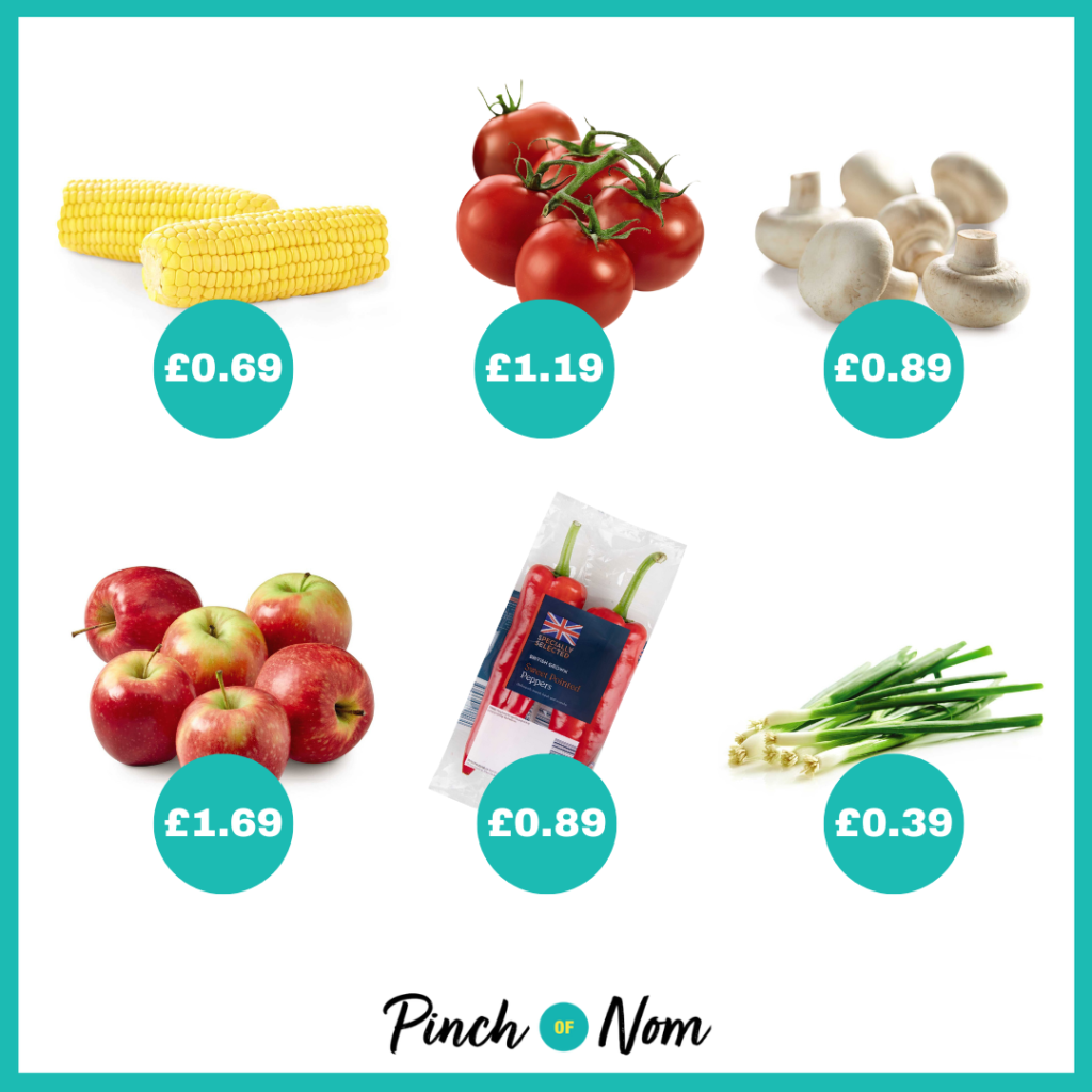 The fruit and veg selection from Aldi's Super 6, alongside their prices, featured in Pinch of Nom's Weekly Pinch of Shopping.