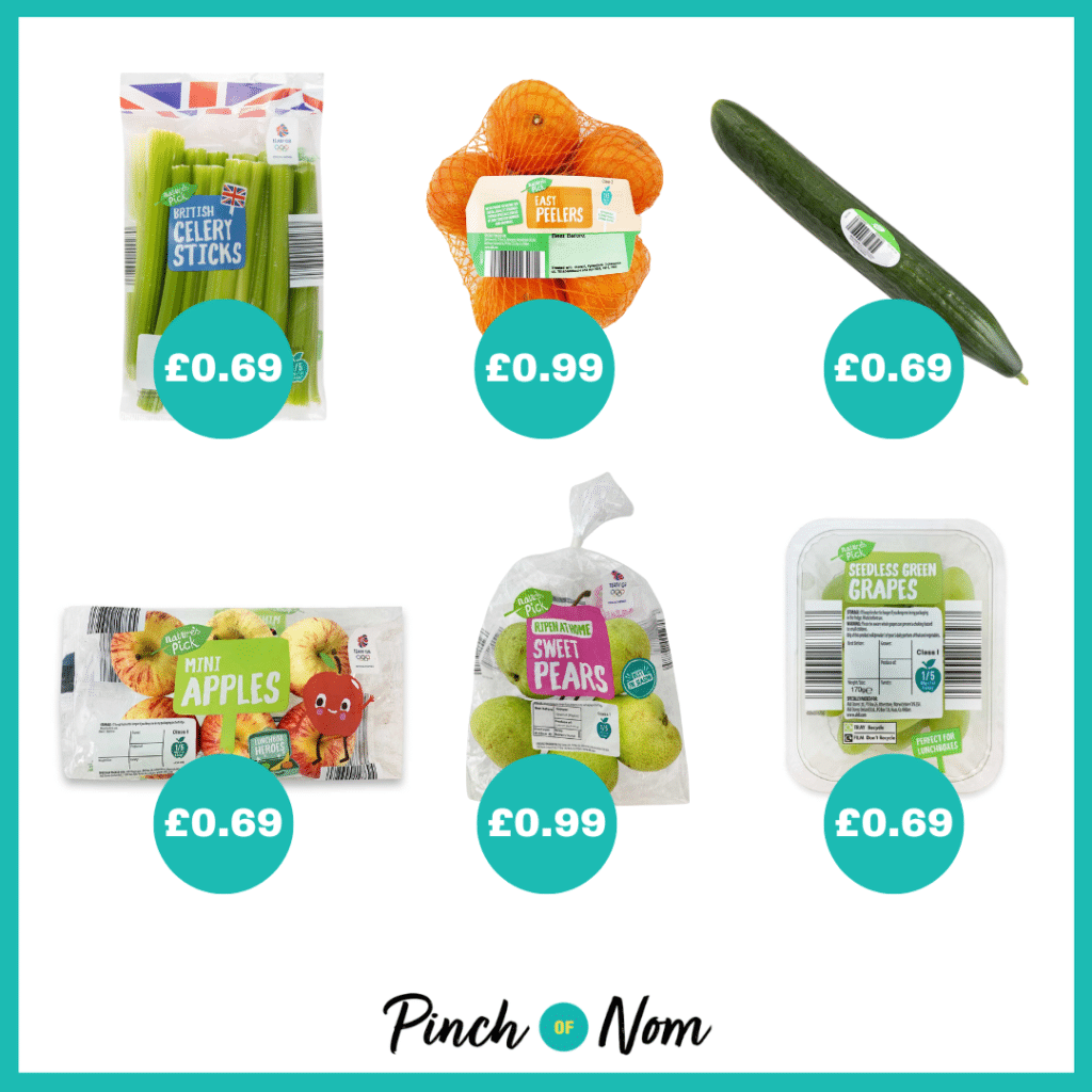 The fruit and veg selection from Aldi's Super 6, alongside their prices, featured in Pinch of Nom's Weekly Pinch of Shopping.