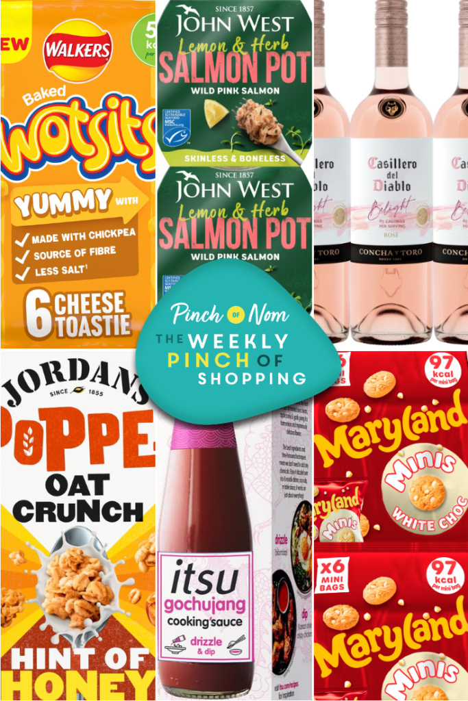 Six of the products from the Weekly Pinch of Shopping in a rectangular grid format. The top row features Walkers Wotsits Cheese Toastie Multipack Chickpea Crisps, John West Salmon Fridgepot Lemon & Herb and Casillero Del Diablo BeLight Rose. The bottom row features Jordans Popped Oat Crunch Hint of Honey Breakfast Cereal, itsu gochujang cooking sauce and Maryland Minis White Choc. There is a logo at the centre of the image with The Weekly Pinch of Shopping in bold letters.