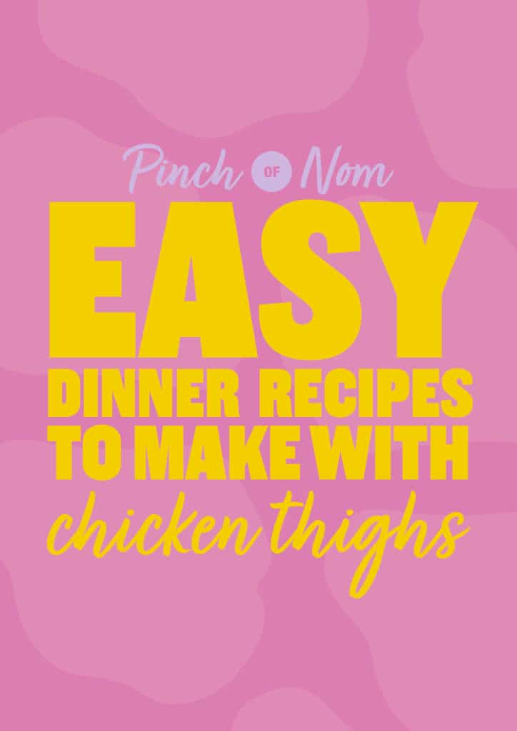 The words 'Easy Dinner Recipes to Make with Chicken Thighs' are in bold yellows letters set against a pink-coloured background. 