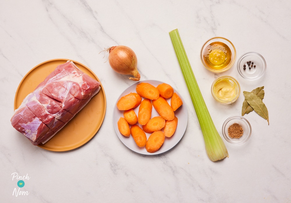 The ingredients for Pinch of Nom's Honey-Glazed Ham are laid out on a kitchen counter, ready to begin baking.