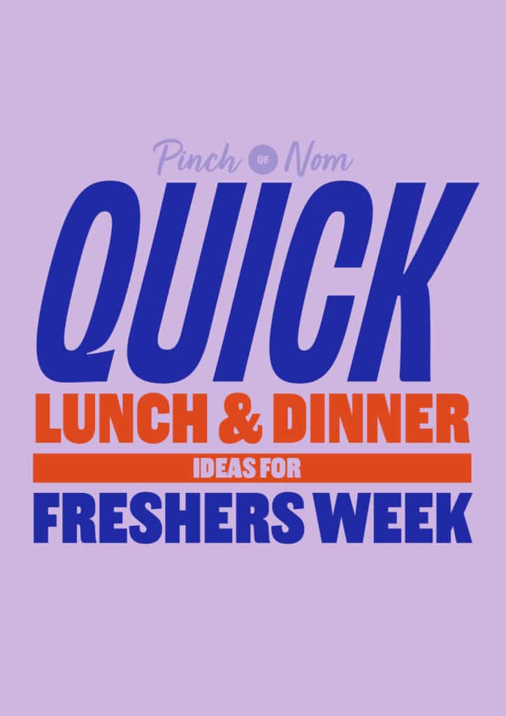 The words 'Quick Lunch and Dinner Ideas for Freshers' Week' are in bold, colourful letters set against a violet-coloured background.