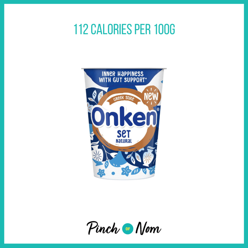 Onken Greek Style Natural Set Yoghurt featured in Pinch of Nom's Weekly Pinch of Shopping with the calorie count printed above (112 calories per 100g).