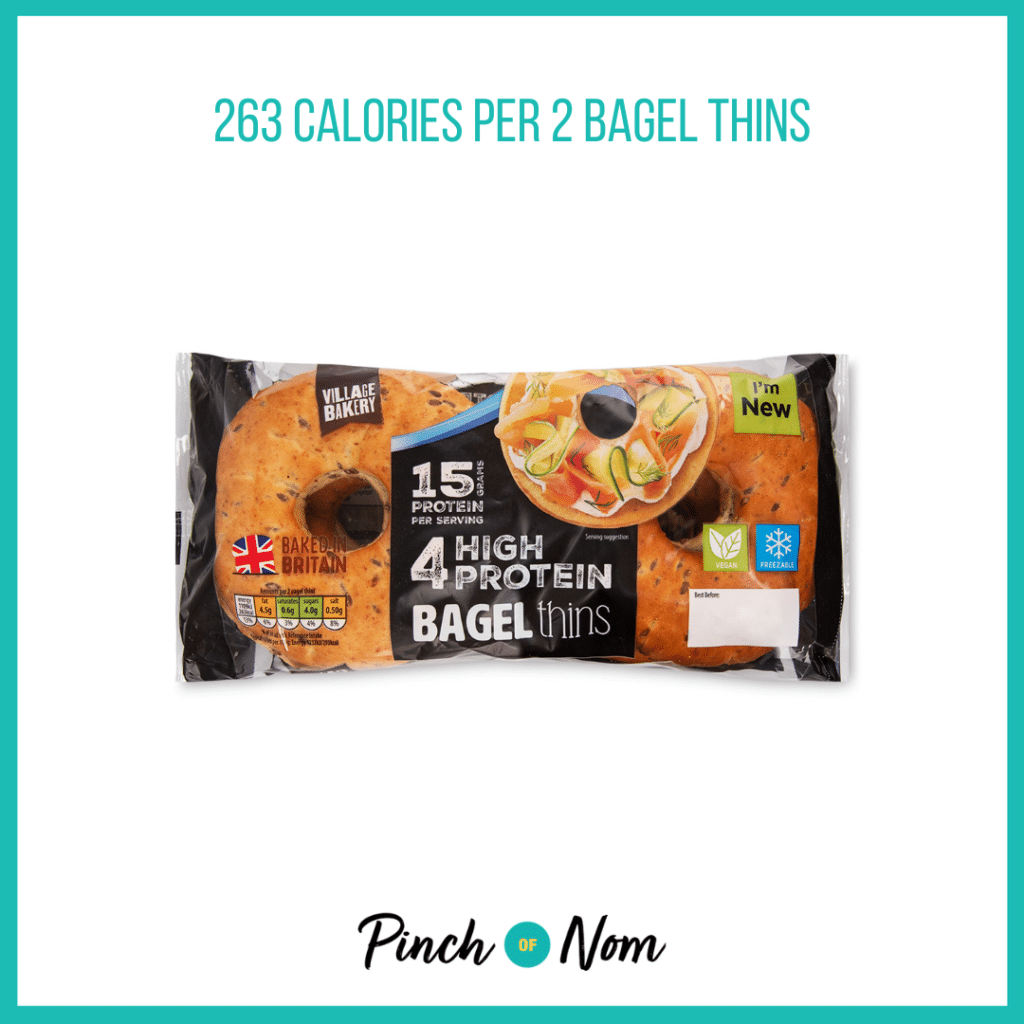 Village Bakery High Protein Bagel Thins featured in Pinch of Nom's Weekly Pinch of Shopping with the calorie count printed above (263 calories per 2 bagel thins).