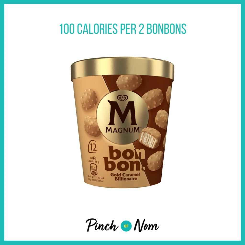 Magnum BonBons Gold Caramel Billionaire featured in Pinch of Nom's Weekly Pinch of Shopping with the calorie count printed above (100 calories per 2 bonbons).