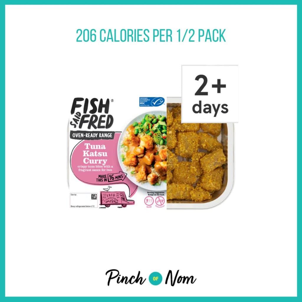 Fish Said Fred Tuna Katsu Curry featured in Pinch of Nom's Weekly Pinch of Shopping with the calorie count printed above (206 calories per 1/2 pack). 