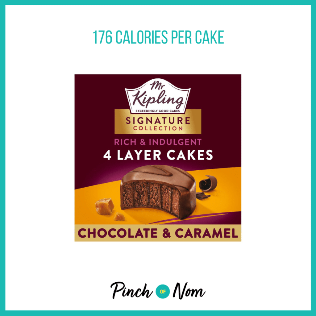 Mr Kipling Signature Chocolate and Caramel Layer Cakes featured in Pinch of Nom's Weekly Pinch of Shopping with the calorie count printed above (176 calories per cake).