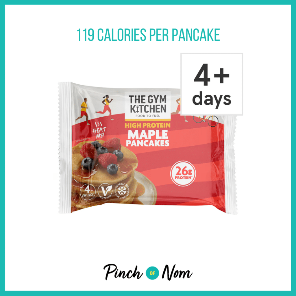 The Gym Kitchen High Protein Maple Pancakes featured in Pinch of Nom's Weekly Pinch of Shopping with the calorie count printed above (119 calories per pancake).