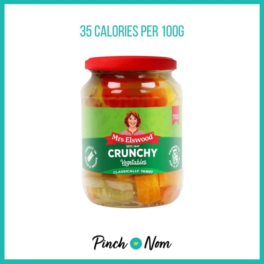 Mrs Elswood Crunchy Vegetables featured in Pinch of Nom's Weekly Pinch of Shopping with the calorie count printed above (35 calories per 100g). 