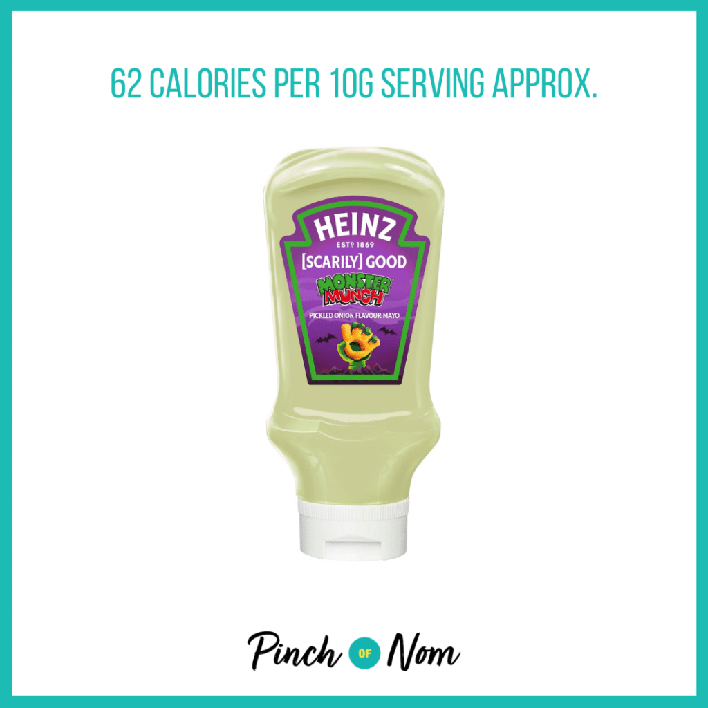 Heinz Monster Munch Pickled Onion Flavour Mayo featured in Pinch of Nom's Weekly Pinch of Shopping with the calorie count printed above (62 calories per 10g serving approx.).