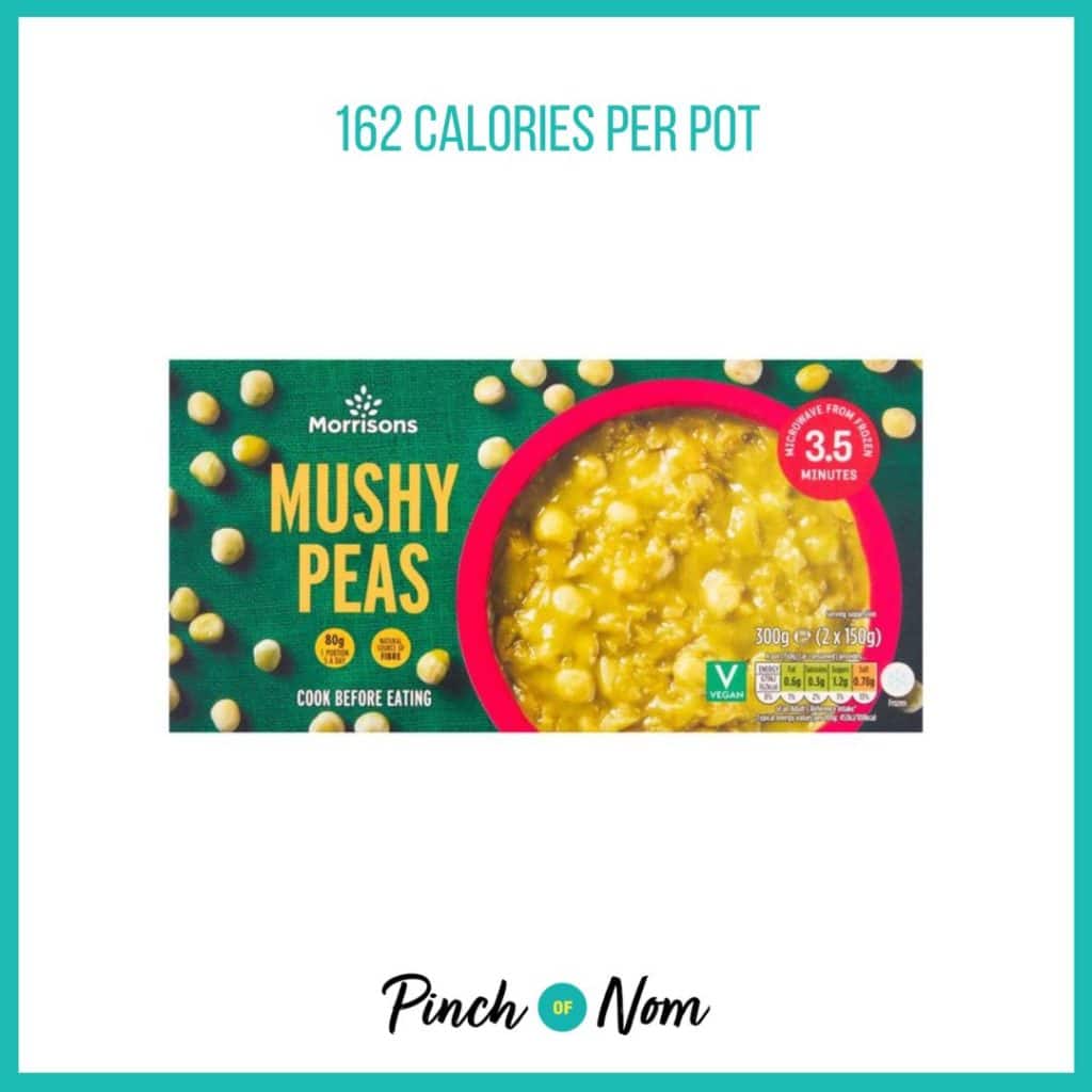 Morrisons Twinpack Mushy Peas featured in Pinch of Nom's Weekly Pinch of Shopping with the calorie count printed above (162 calories per pot). 