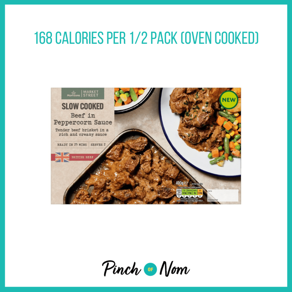 Morrisons Street Slow Cooked Beef Brisket In A Peppercorn Sauce featured in Pinch of Nom's Weekly Pinch of Shopping with the calorie count printed above (168 calories per 1/2 pack oven cooked).