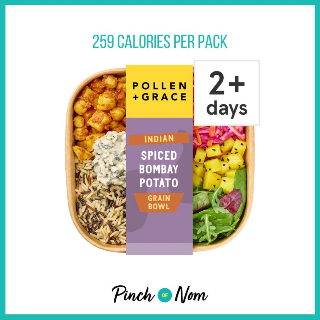 Pollen + Grace Indian Spiced Bombay Potato Grain Bowl featured in Pinch of Nom's Weekly Pinch of Shopping with the calorie count printed above (259 calories per pack). 