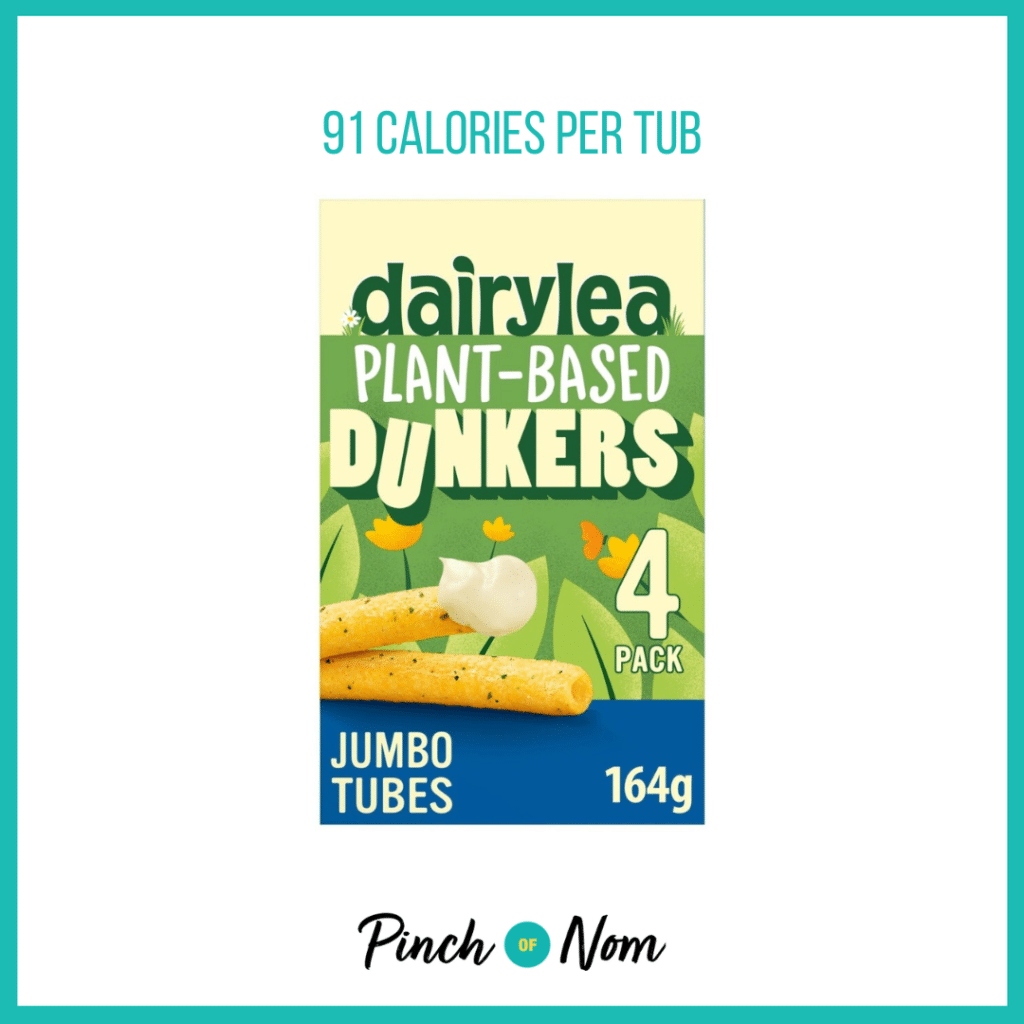 Dairylea Dunkers Plant Based Jumbo Tubes featured in Pinch of Nom's Weekly Pinch of Shopping with the calorie count printed above (91 calories per tub).