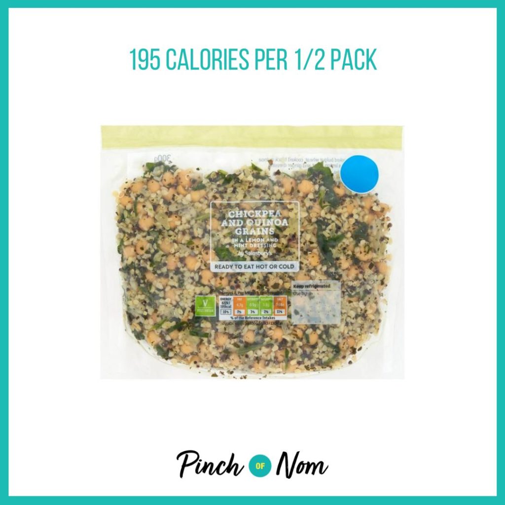 Sainsbury's Chickpea & Quinoa Grains featured in Pinch of Nom's Weekly Pinch of Shopping with the calorie count printed above (195 calories per 1/2 pack). 