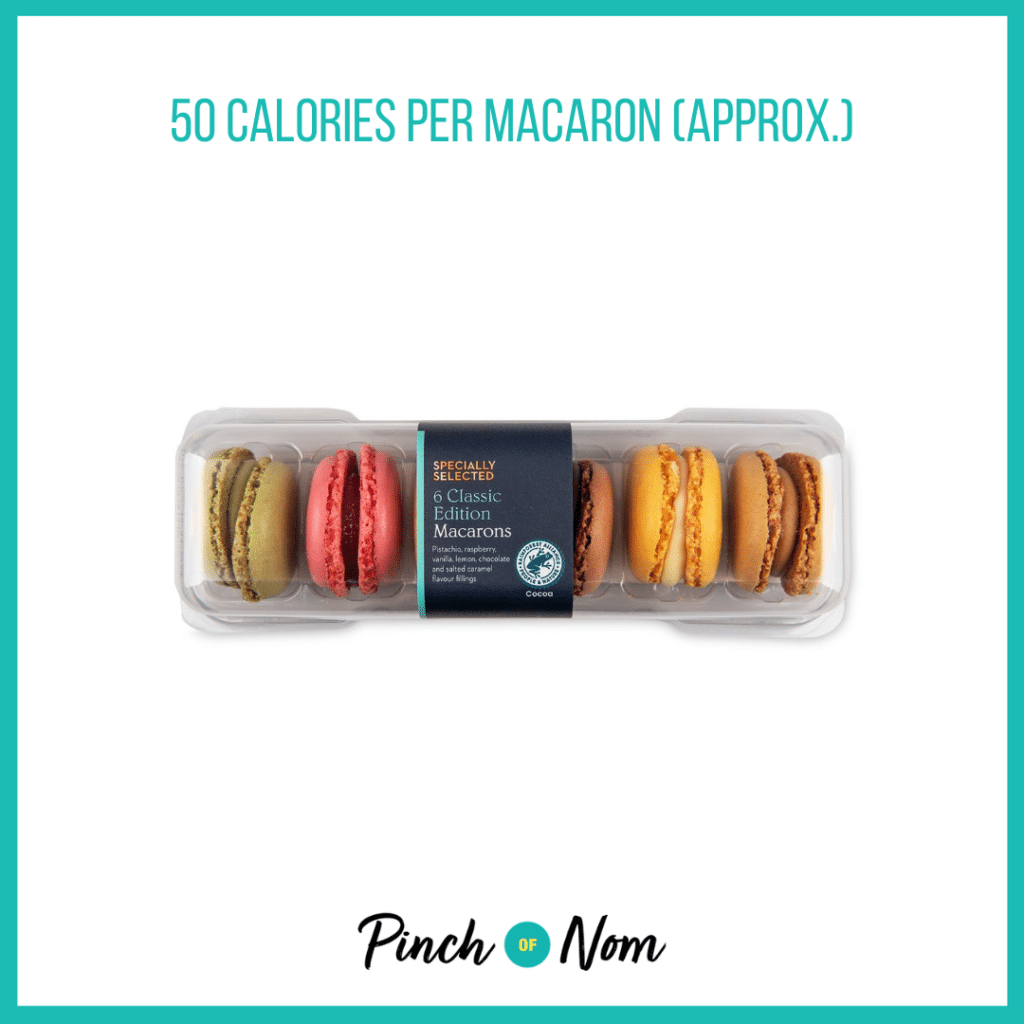 Specially Selected Classic Edition Macarons featured in Pinch of Nom's Weekly Pinch of Shopping with the calorie count printed above (50 calories per macaron approx.).