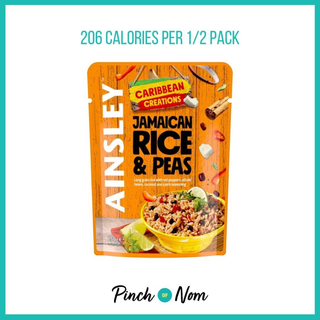 Ainsley Harriott Jamaican Rice & Peas featured in Pinch of Nom's Weekly Pinch of Shopping with the calorie count printed above (206 calories per 1/2 pack). 