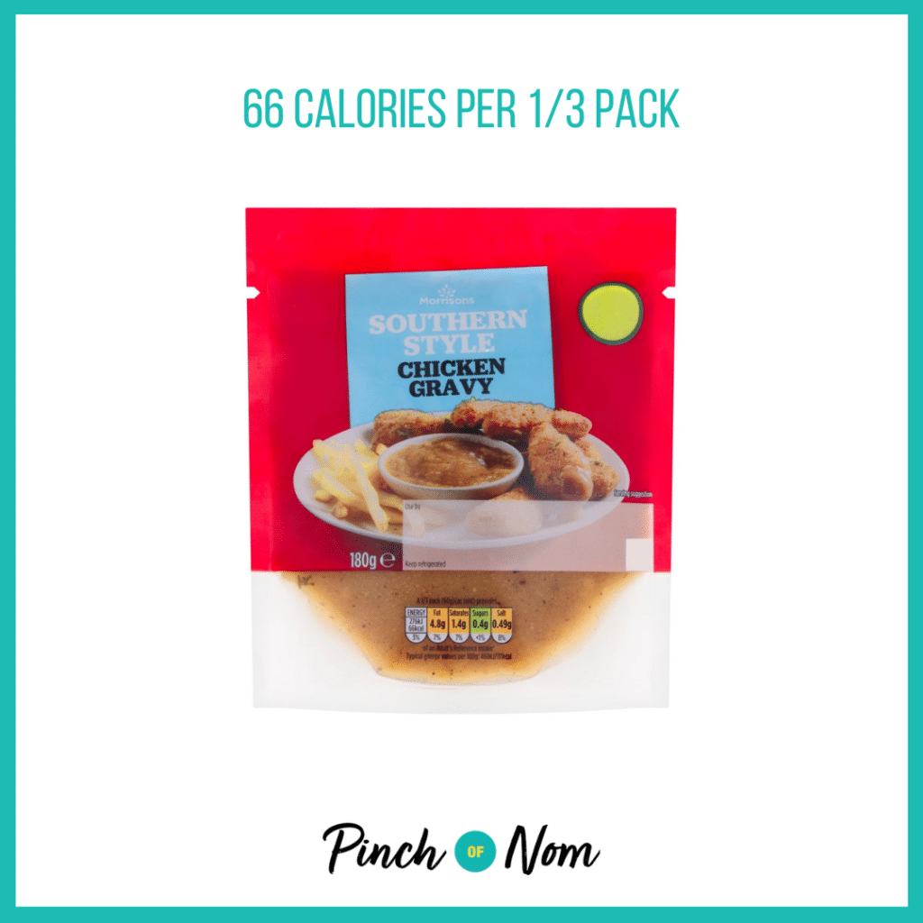 Morrisons Southern Style Chicken Gravy featured in Pinch of Nom's Weekly Pinch of Shopping with the calorie count printed above (66 calories per 1/3 pack).