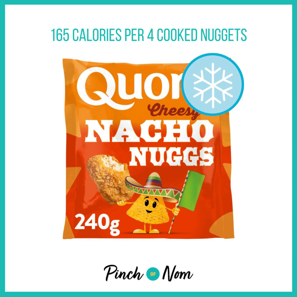 Quorn Cheesy Nacho Nuggets featured in Pinch of Nom's Weekly Pinch of Shopping with the calorie count printed above (165 calories per 4 cooked nuggets).