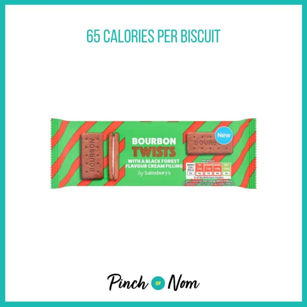 Sainsbury's Bourbon Twists with a Black Forest Flavour Cream Filling featured in Pinch of Nom's Weekly Pinch of Shopping with the calorie count printed above (65 calories per biscuit). 